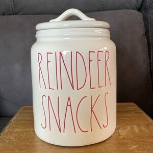 Rae Dunn “Reindeer Snacks” Medium Canister White Red Lettering Flat Lid (G7)